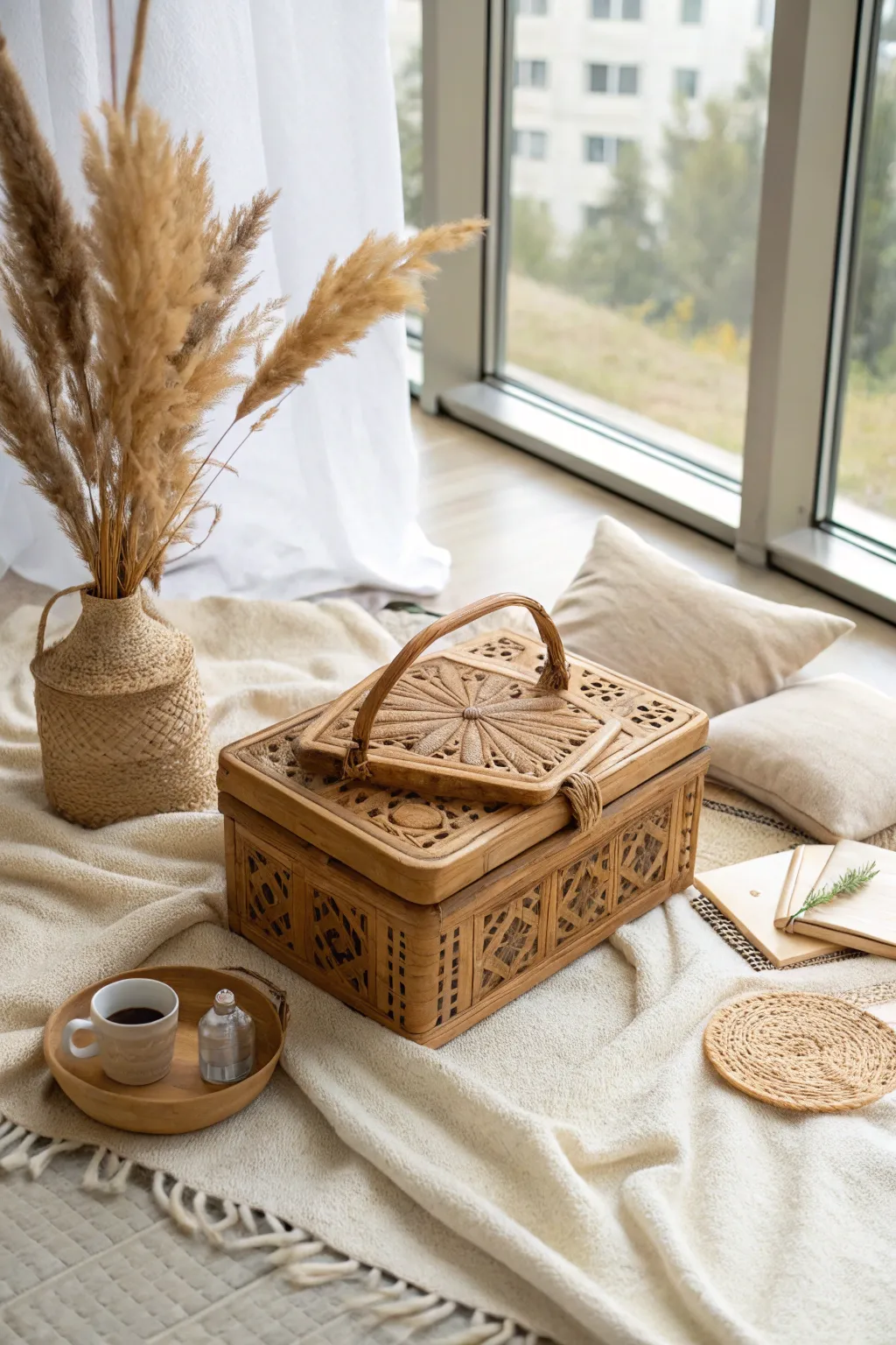 Transform your space with a boho-inspired indoor picnic, where simplicity meets natural beauty.