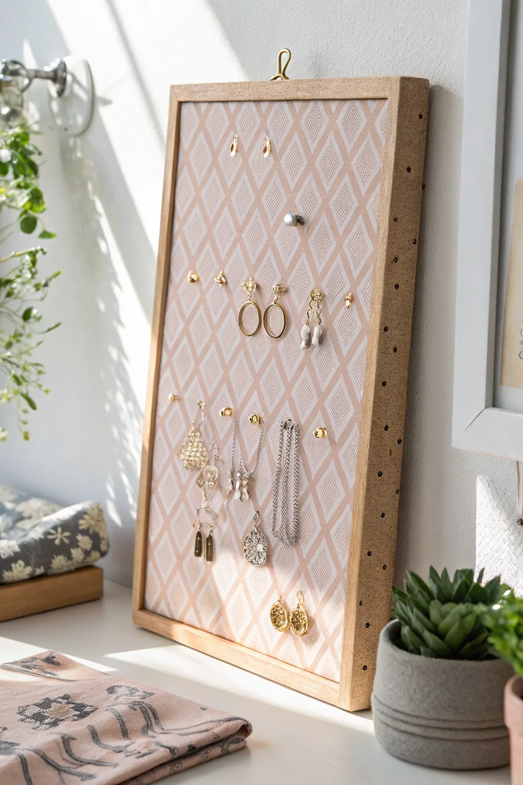 Transform your jewelry display with a fabric-covered corkboard—where elegance meets simplicity.