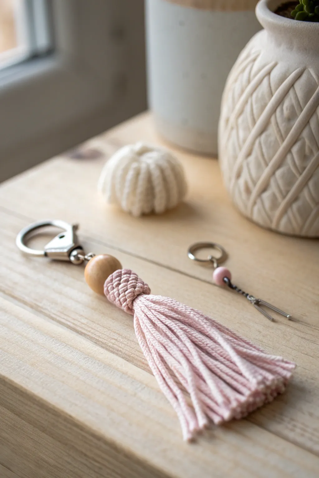 Elevate your style with this chic, handcrafted fabric and yarn keychain—where simplicity meets elegance.