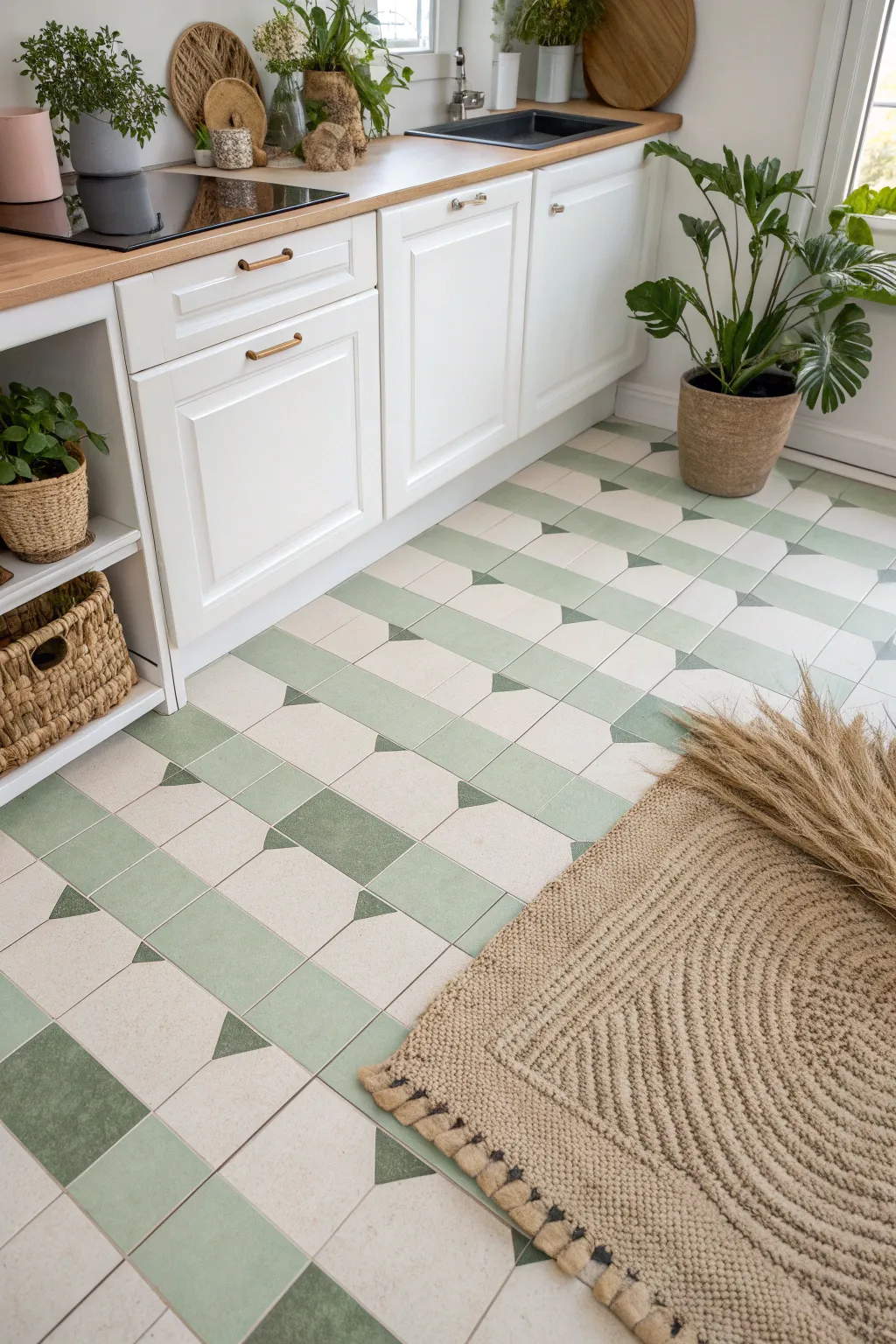 Transform your kitchen floor with a charming checkerboard pattern for a retro yet chic vibe.