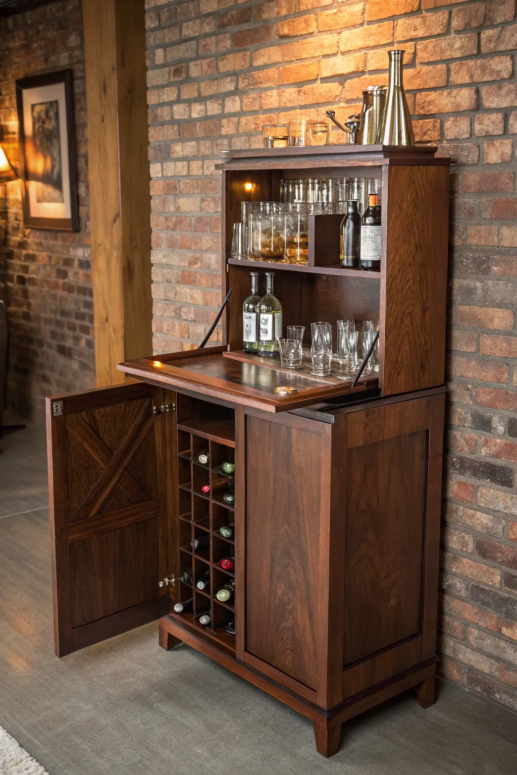 Transform your space with this multi-functional marvel: a liquor cabinet that unfolds into a stylish bar table.