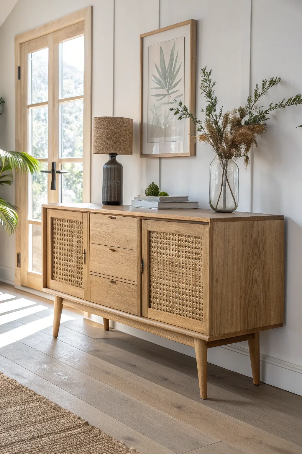 Transform your space with a stylish console table that's both functional and chic. #ScandinavianDesign #BohoTouch #DIYHomeDecor