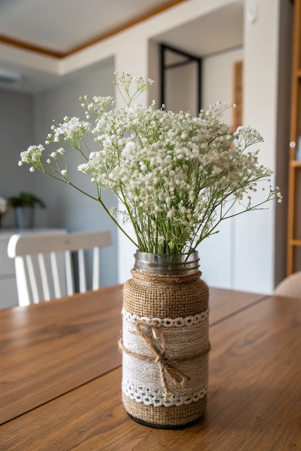Embrace rustic elegance with burlap-wrapped mason jars for your baby shower centerpiece.
