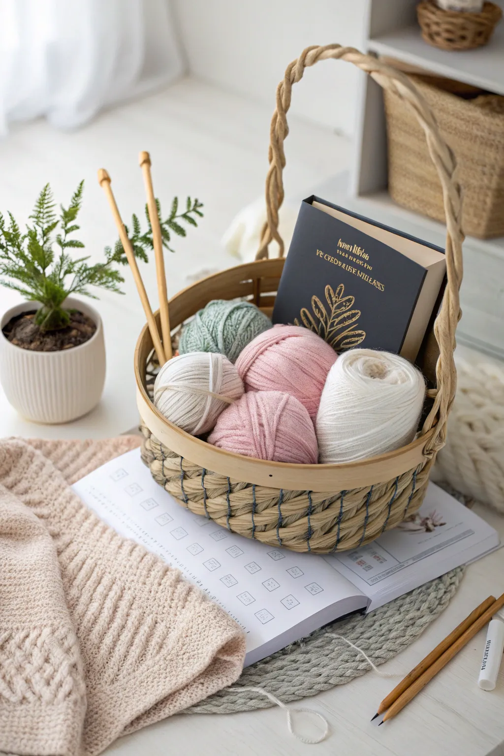 Craft a Mother's Day masterpiece with this minimalist knitting gift basket, curated with love and style.