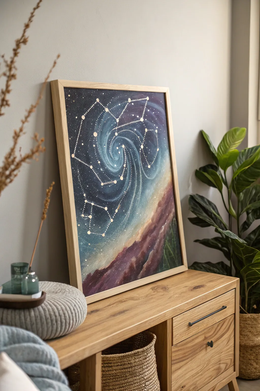 Bring the cosmos into your home with this dreamy night sky painting, where simplicity meets celestial beauty.