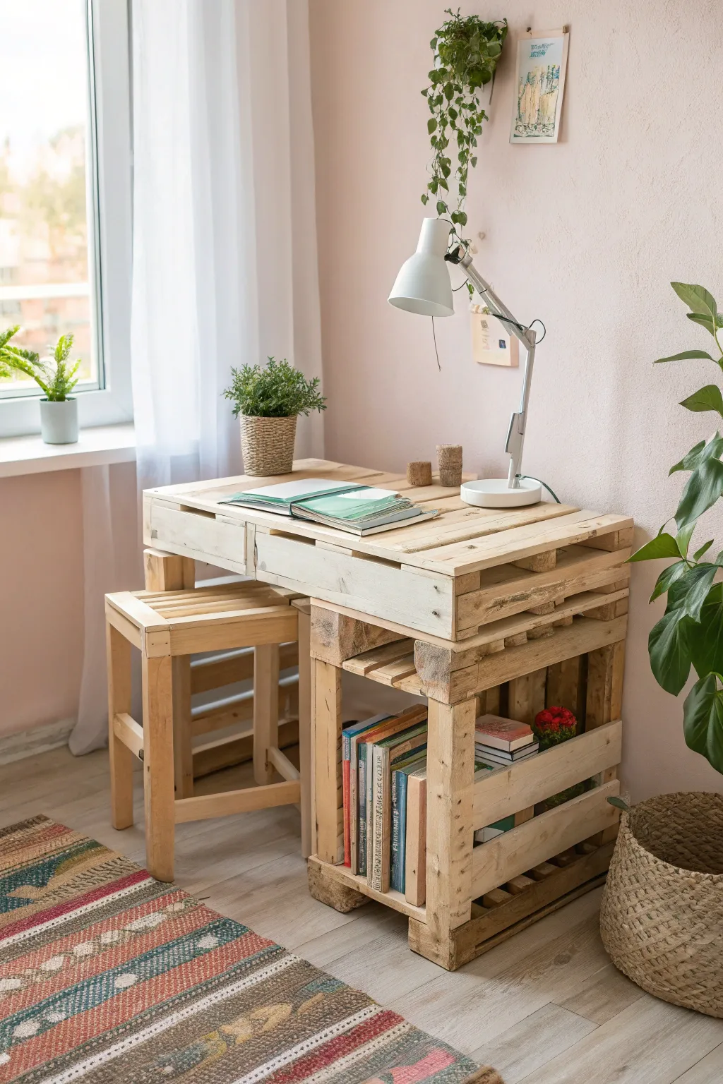 Transform your child's room into an inspiring study space with a handcrafted pallet desk, where simplicity meets creativity.