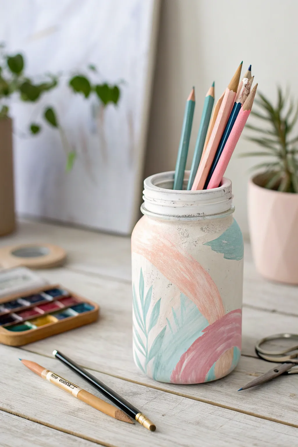 Elevate your desk with a touch of artistry—painted glass jars make the perfect minimalist pencil holders.