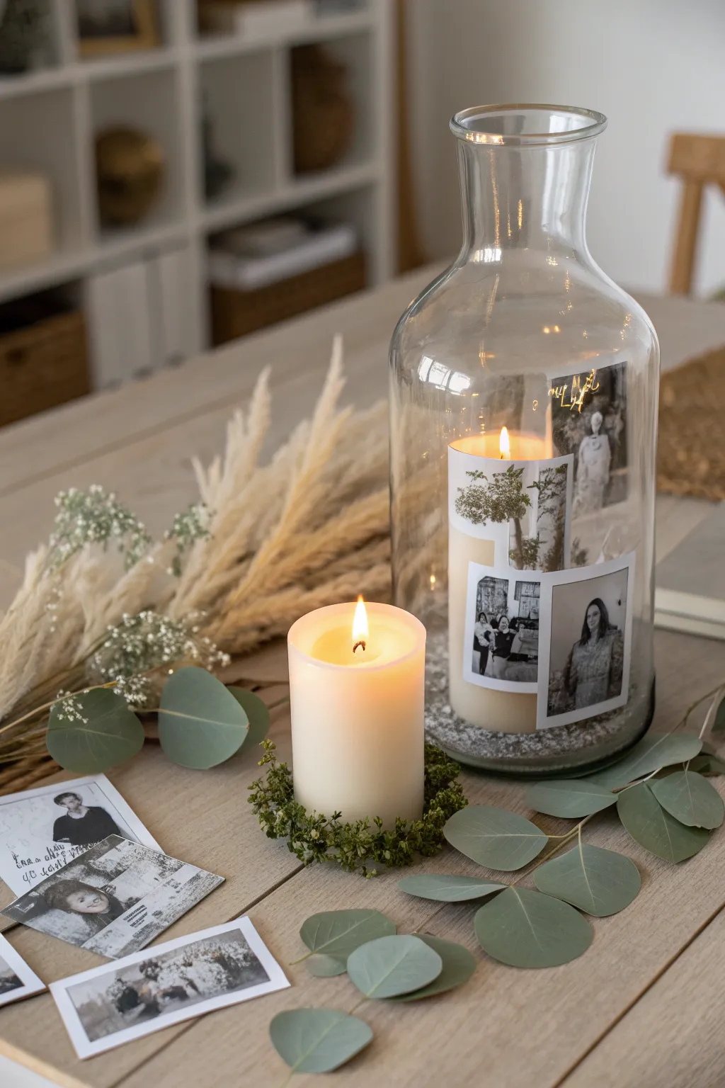 Create a warm, personalized glow with a candlelit photo vase centerpiece—perfect for cozy gatherings.