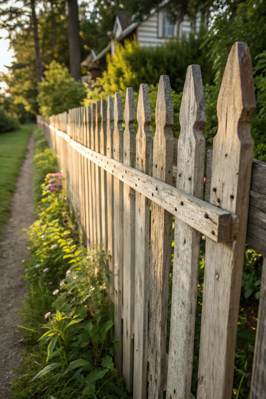 Embrace rustic charm with a vintage farmhouse picket fence, where craftsmanship meets timeless beauty.
