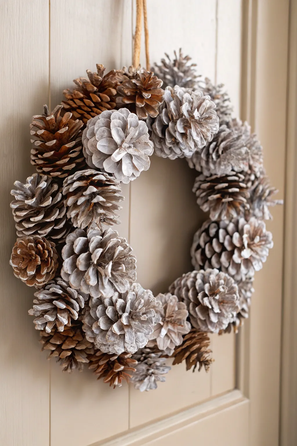 Embrace winter's sparkle with a glittering pinecone wreath that adds a touch of magic to your minimalist decor.