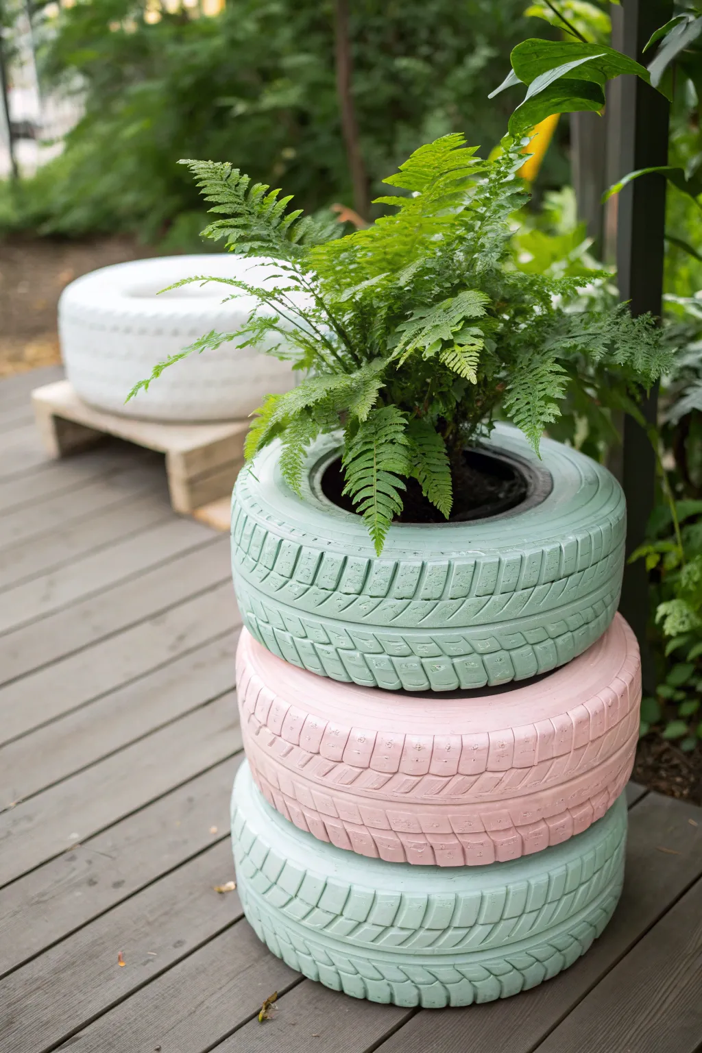 Transform old tires into a chic plant stand with pastel hues for a pop of color in your garden. 🌿 #DIYDecor #UpcycledBeauty