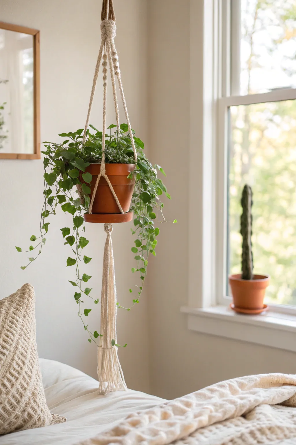 Elevate your space with a touch of nature: a minimalist hanging plant display for a serene bedroom vibe.