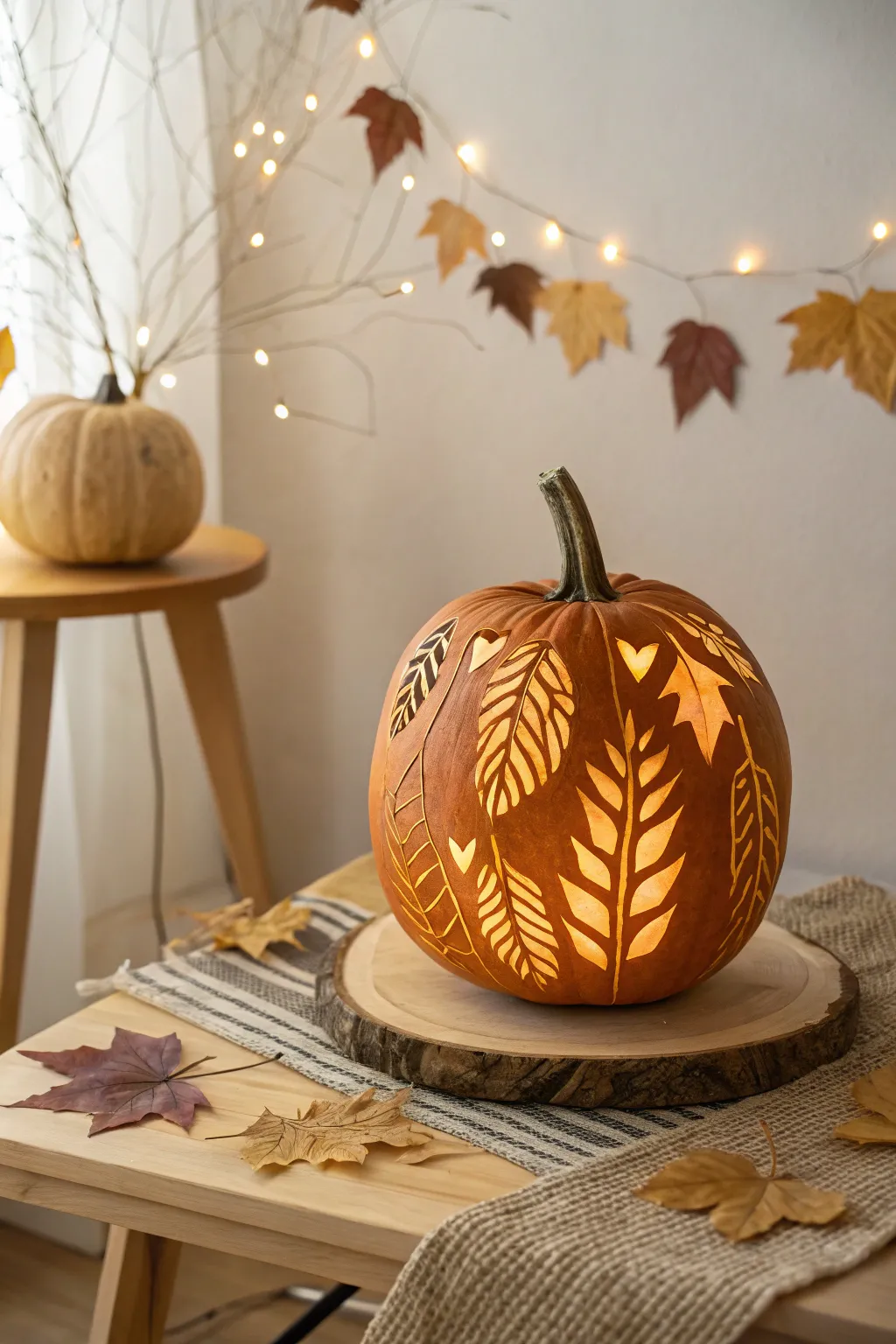 Illuminate your fall evenings with these handmade leaf cutout pumpkin lanterns.
