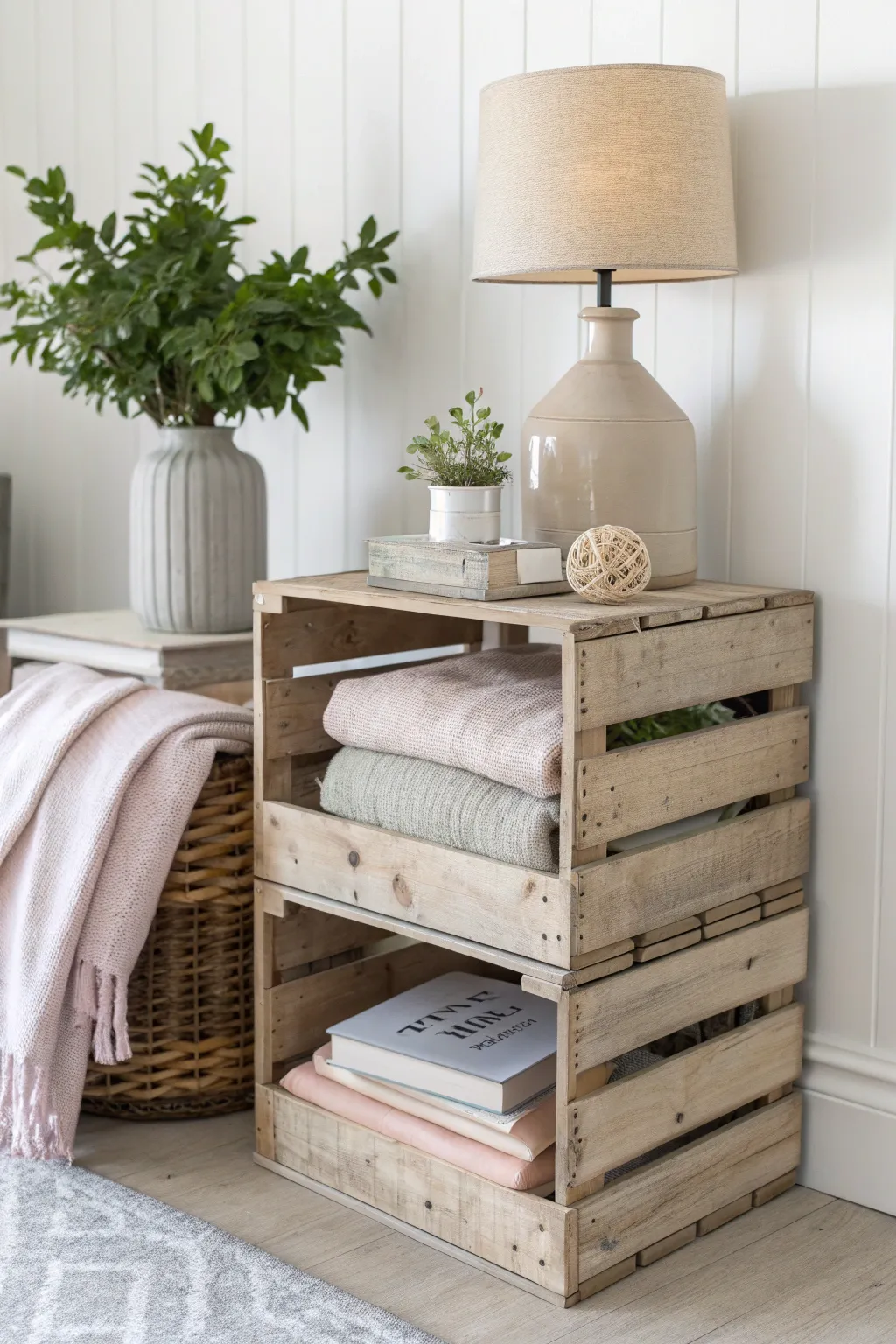 Transform simple crates into a chic nightstand that embodies rustic elegance and practical storage.