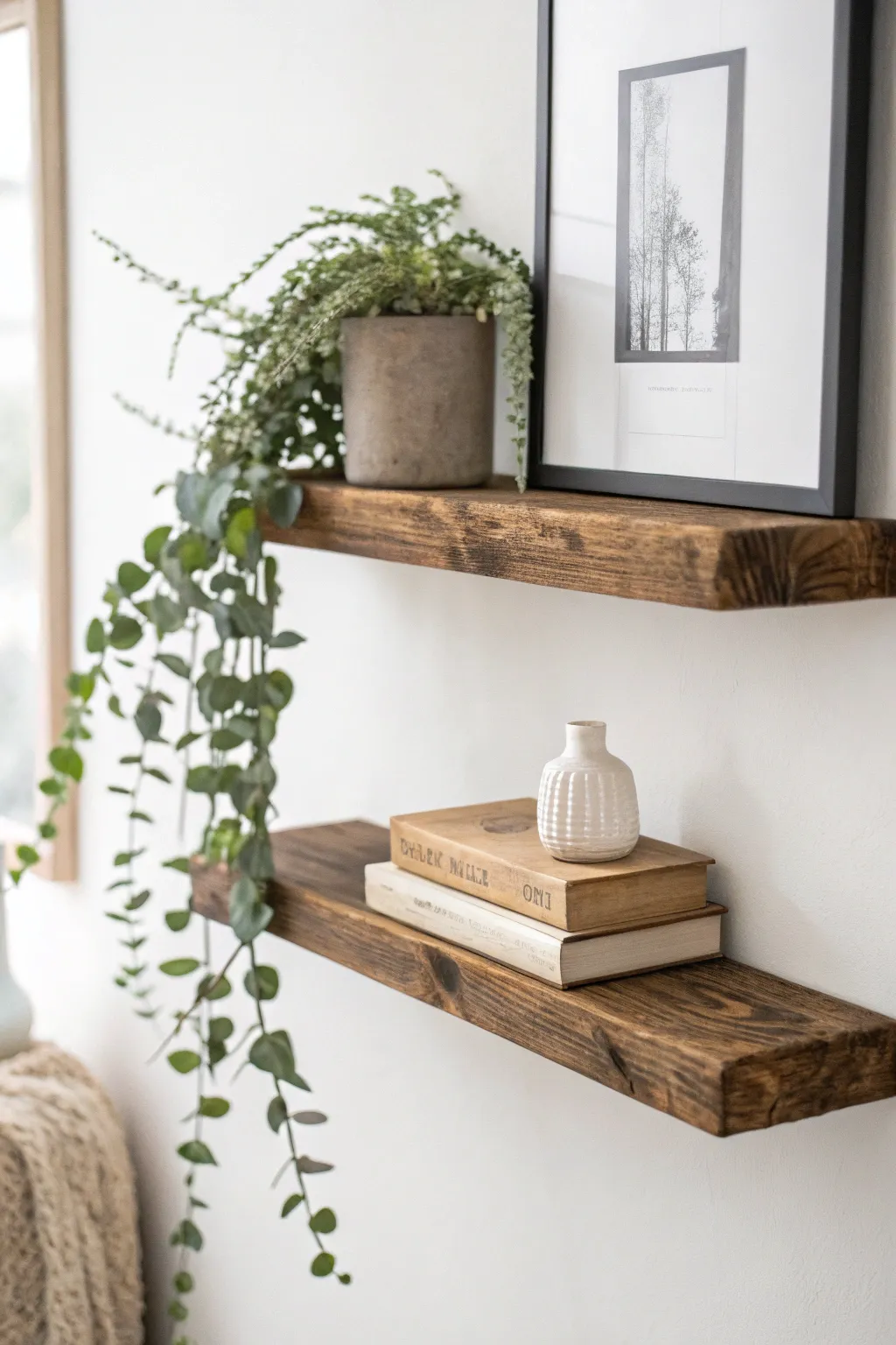 Elevate your space with the charm of floating rustic shelves.