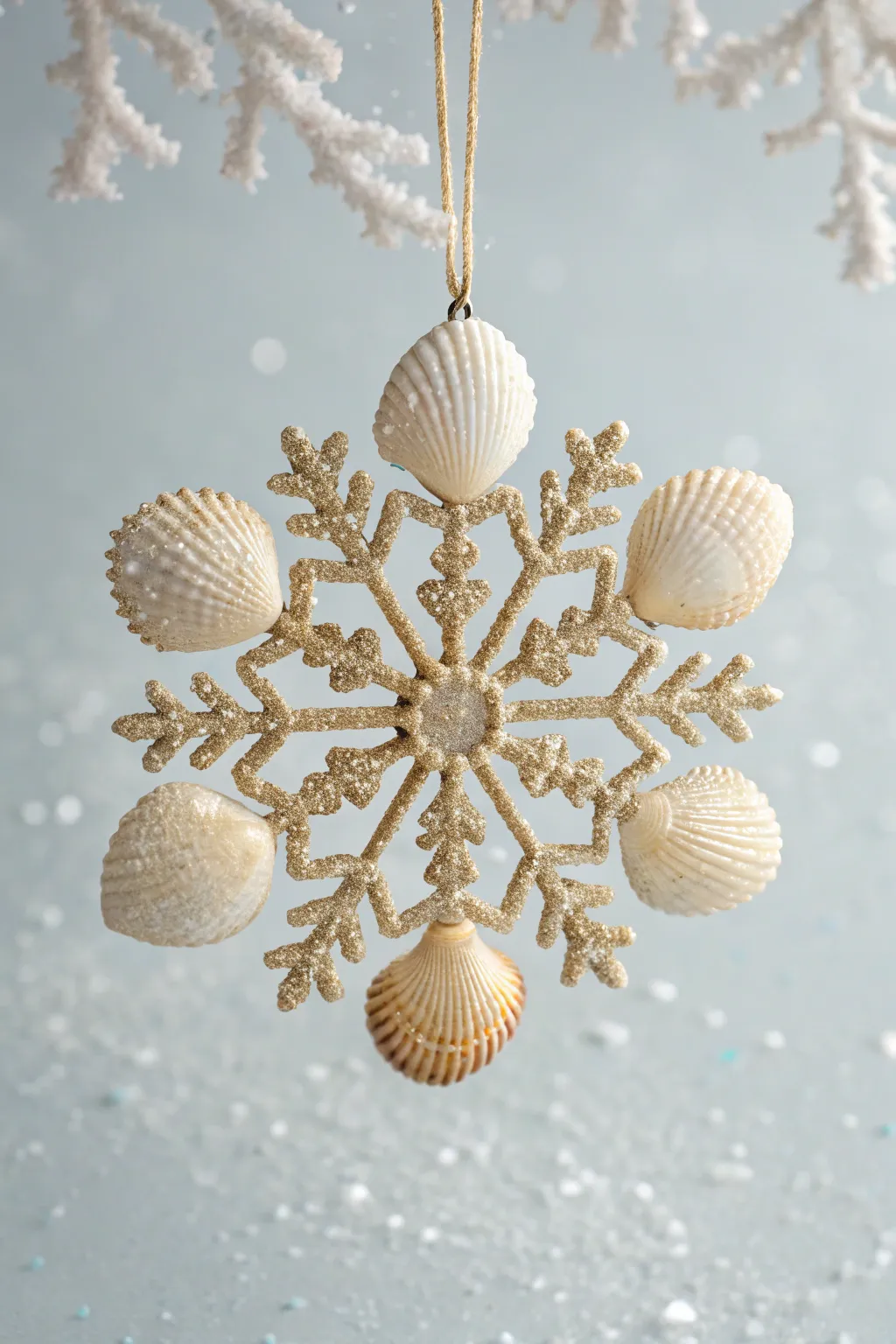 Capture the essence of winter's beauty with a glittered seashell snowflake ornament—where the sea meets snow.
