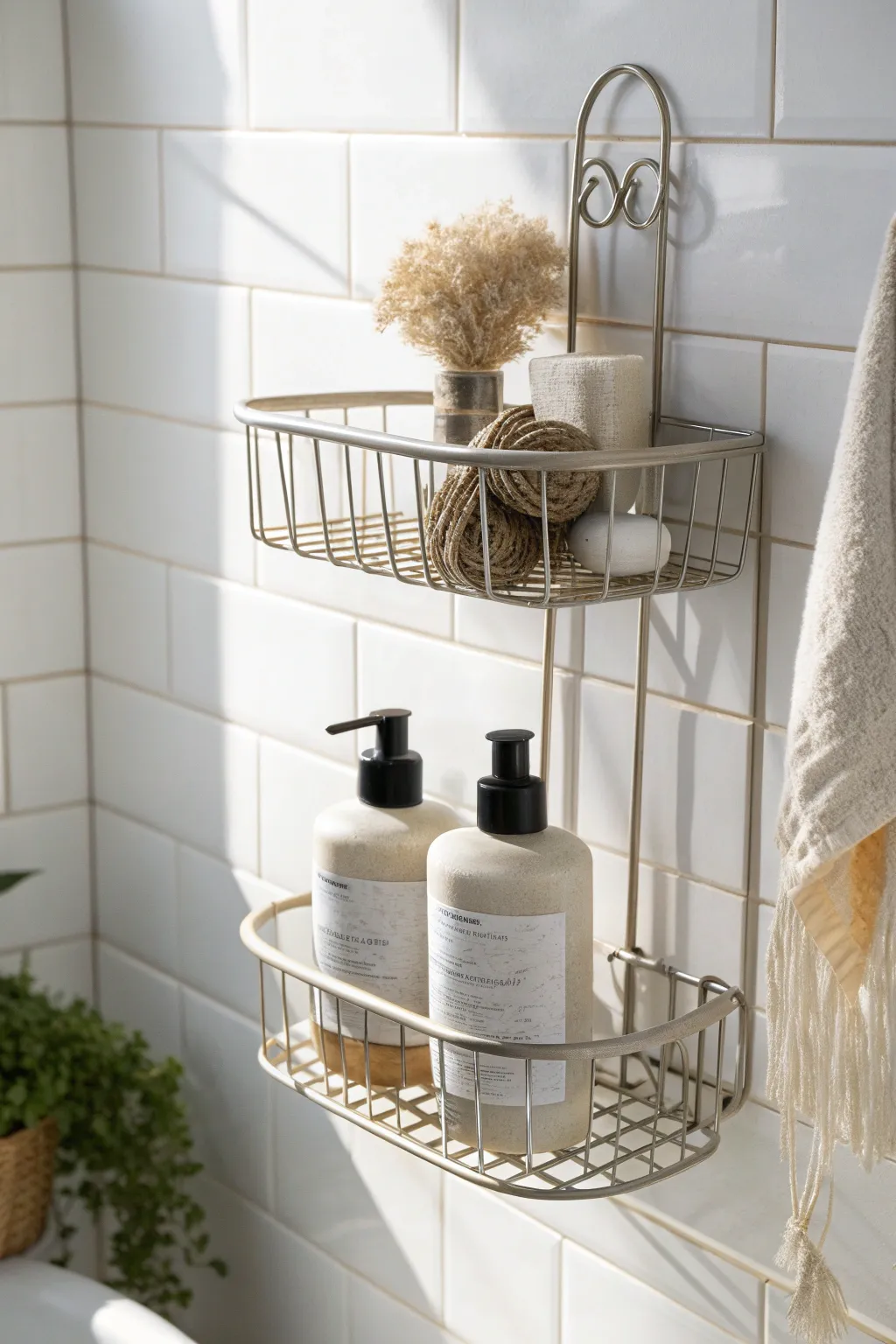 Elevate your shower space with chic and functional wire basket storage.
