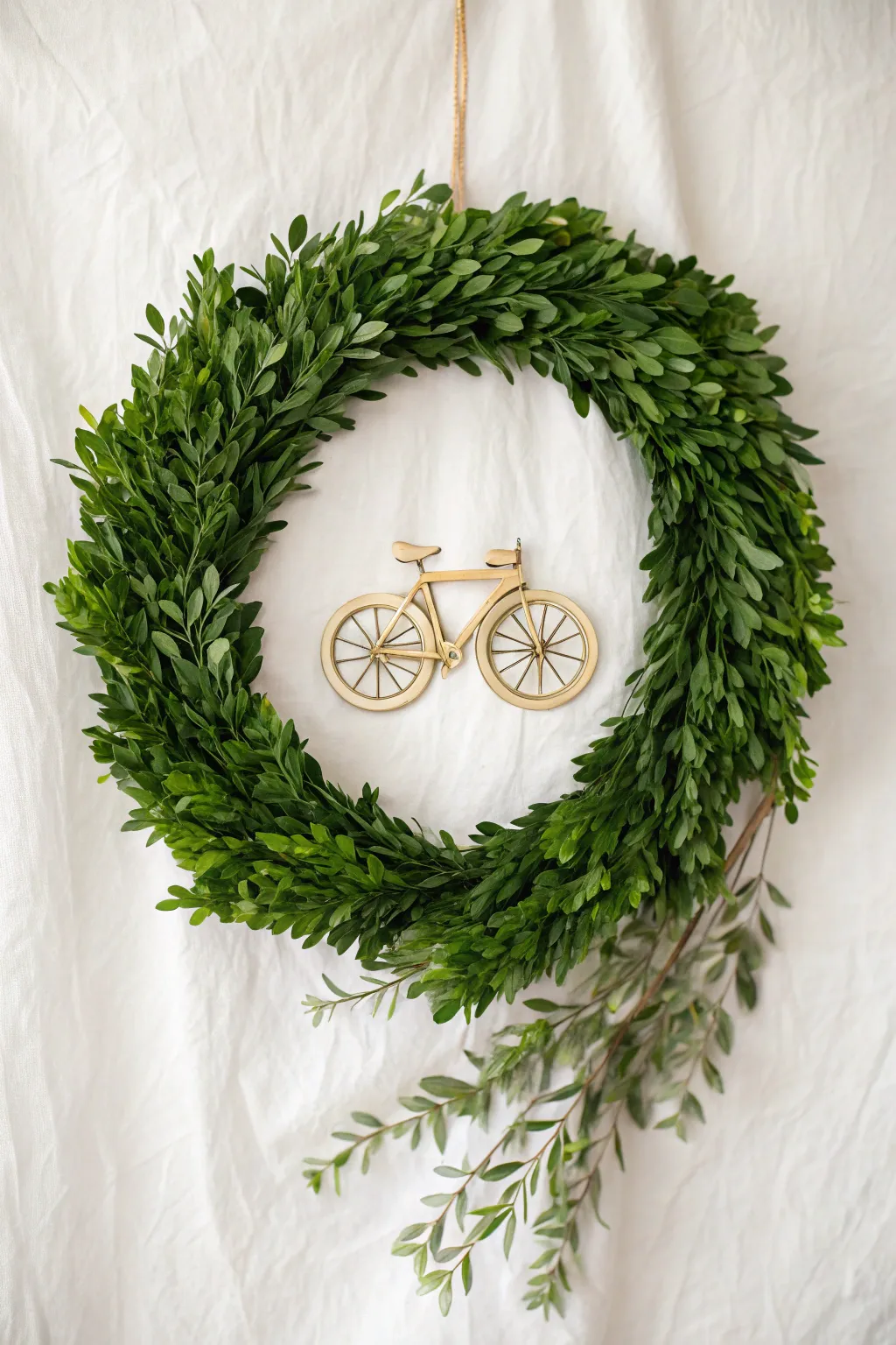 Pedal into spring with this charming boxwood bicycle wreath, a perfect blend of simplicity and natural beauty.