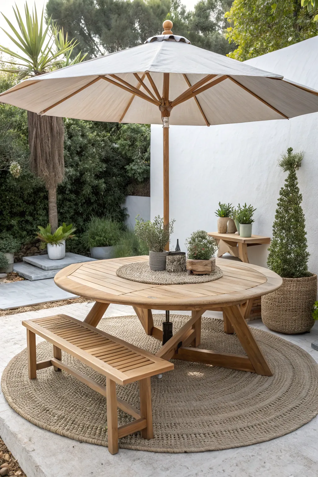 Elevate your outdoor brunches with a handcrafted cedar umbrella table, where minimalism meets boho charm.