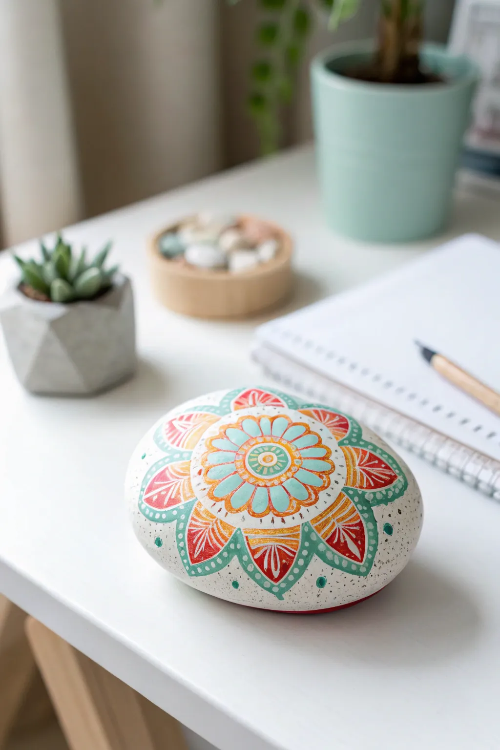 Add a splash of color and whimsy to your workspace with this charming DIY painted rock paperweight.
