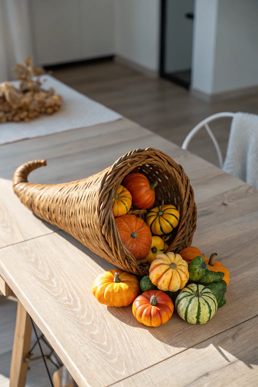 Embrace the beauty of simplicity with a handcrafted cornucopia centerpiece, perfect for a Scandinavian-inspired Thanksgiving celebration.