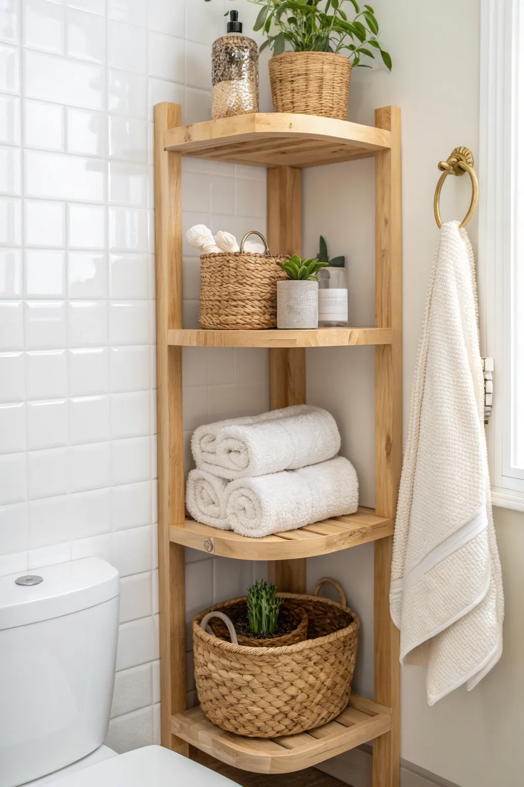 Elevate your bathroom space with a chic corner shelf unit that combines style and functionality.