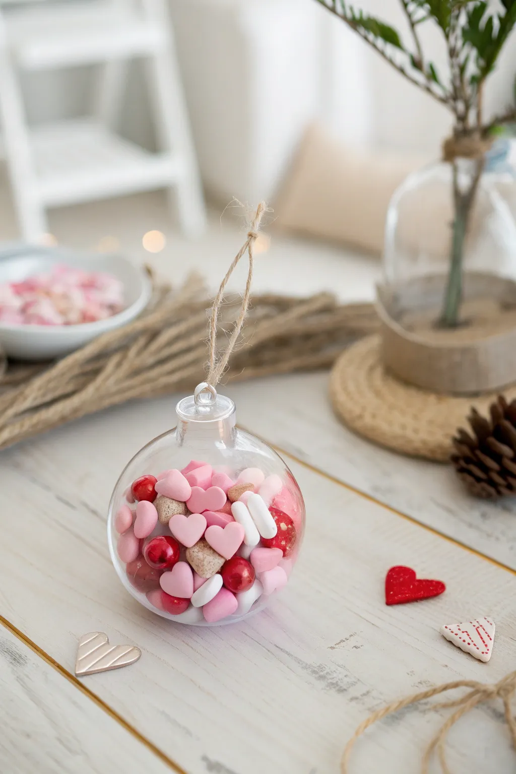 Delight your loved ones with a sweet surprise inside these candy-filled ornaments, perfect for a minimalist Valentine's Day gift.