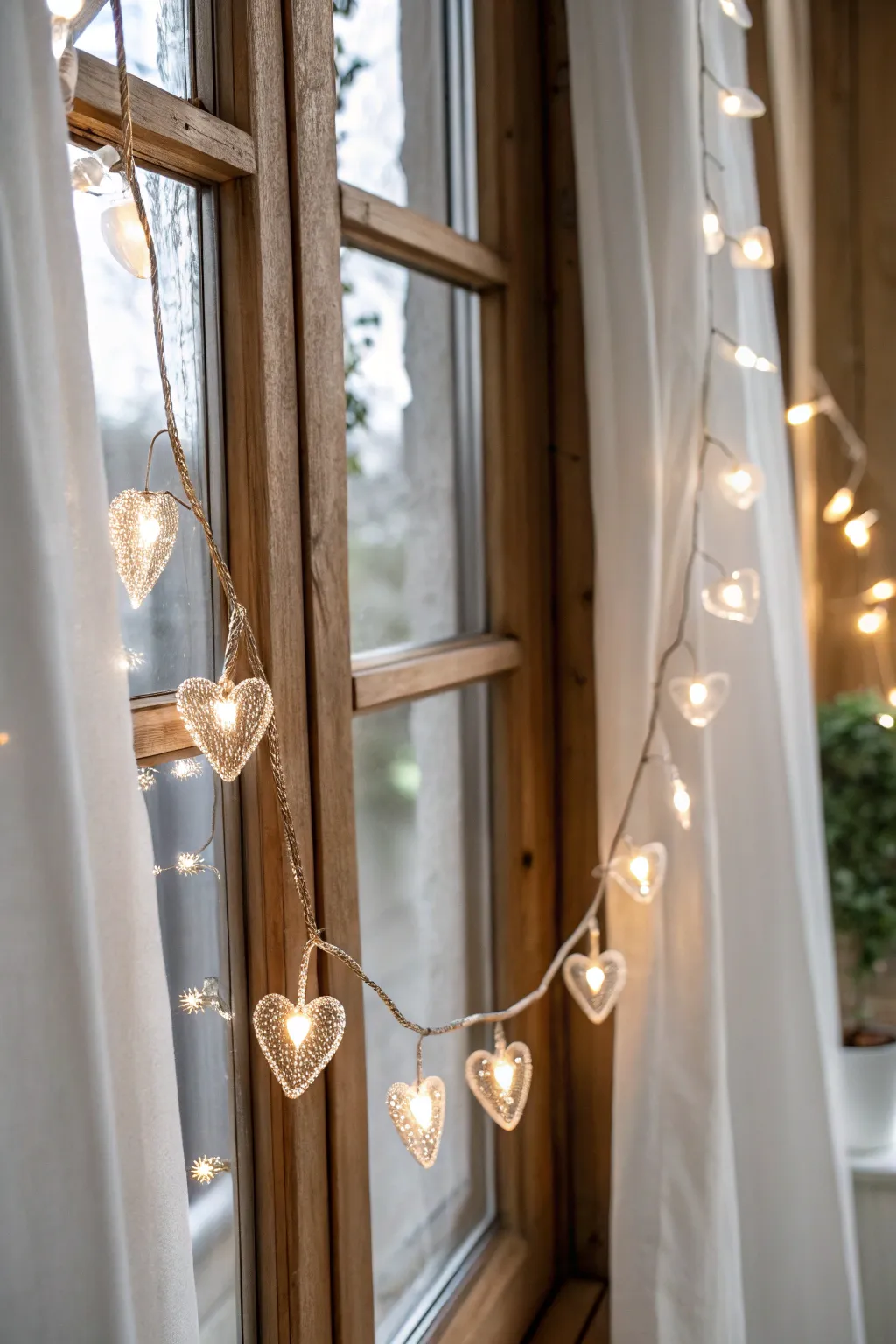 Create a romantic ambiance with heart-shaped fairy lights, perfect for a minimalist Valentine's window display.