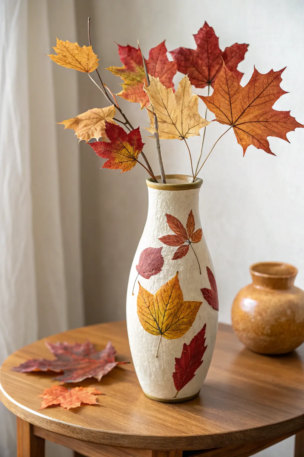 Embrace the beauty of autumn with a handcrafted vase adorned with seasonal leaves. 🍂 #DIYDecor #ScandiBoho