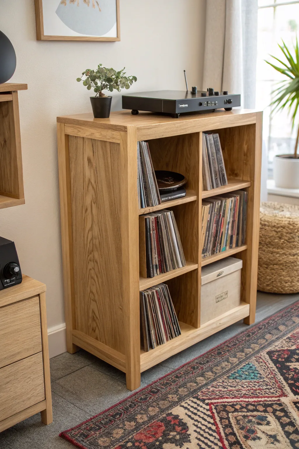 Transforming old into gold: a Scandinavian-inspired vinyl storage solution with a touch of Boho charm.