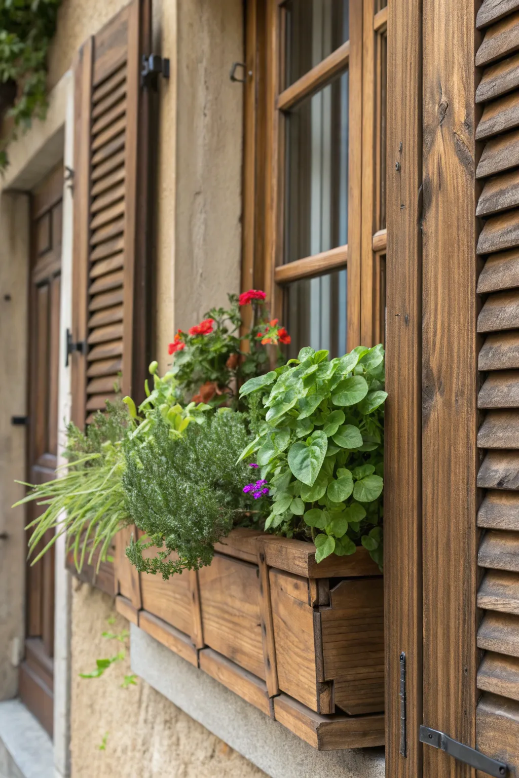 Elevate your home's charm with handcrafted shutters featuring lively plant boxes.