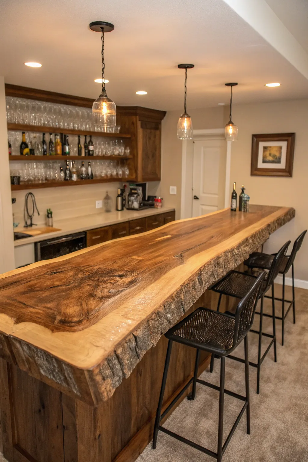 Elevate your home gatherings with the elegance of a live edge wood slab bar top.