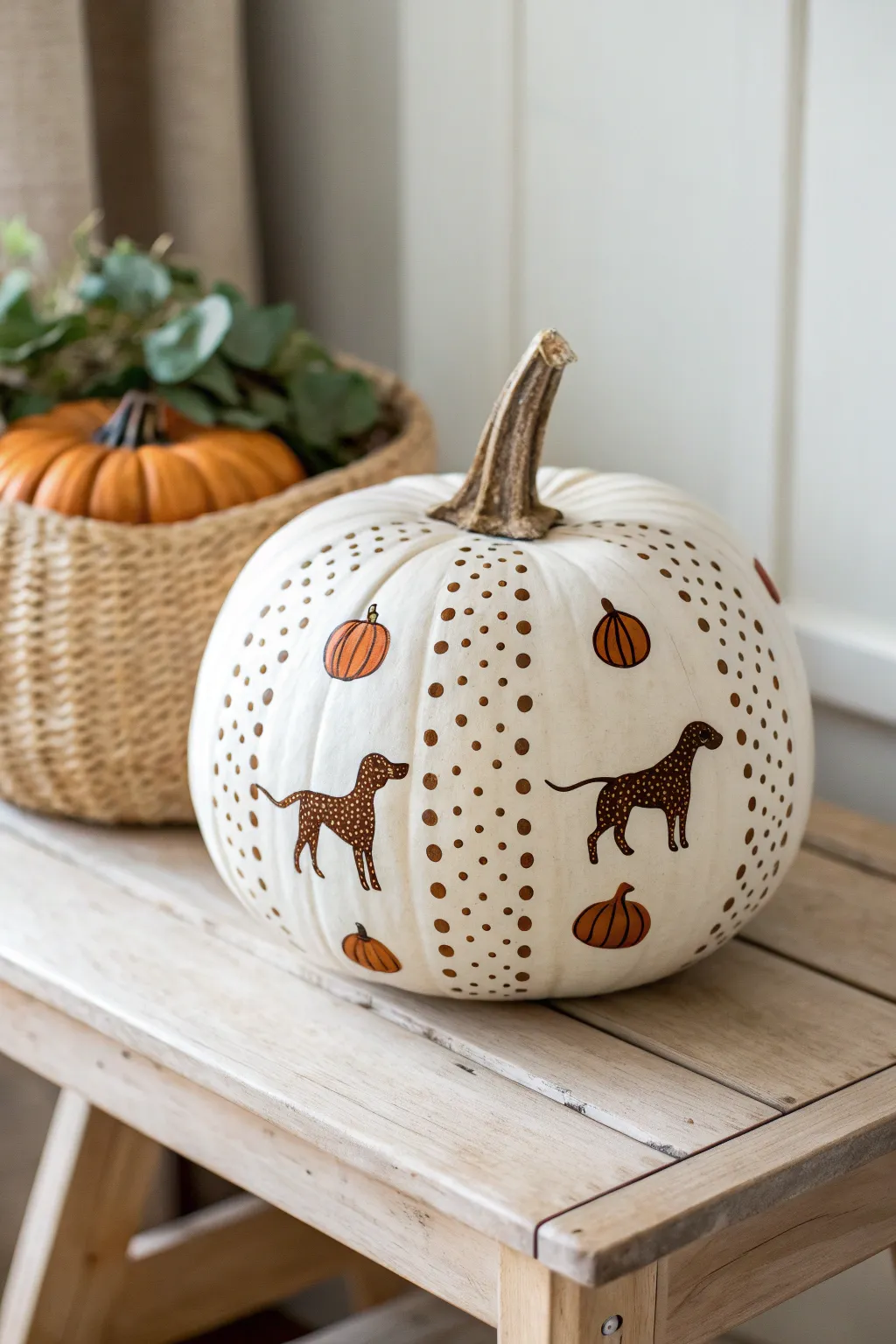 Unleash your creativity with playful patterns and charming dog motifs on pumpkins, perfect for a cozy, minimalist touch.