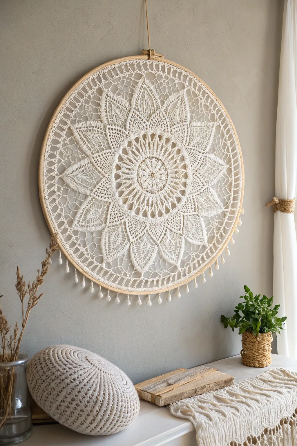 Elevate your space with a stunning doily statement piece that combines minimalist charm with boho elegance.