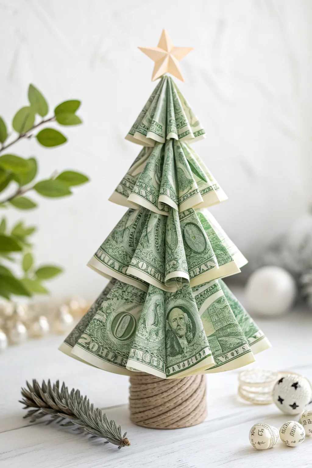 Add a playful twist to your holiday décor with a spiral-twisted dollar bill origami tree.