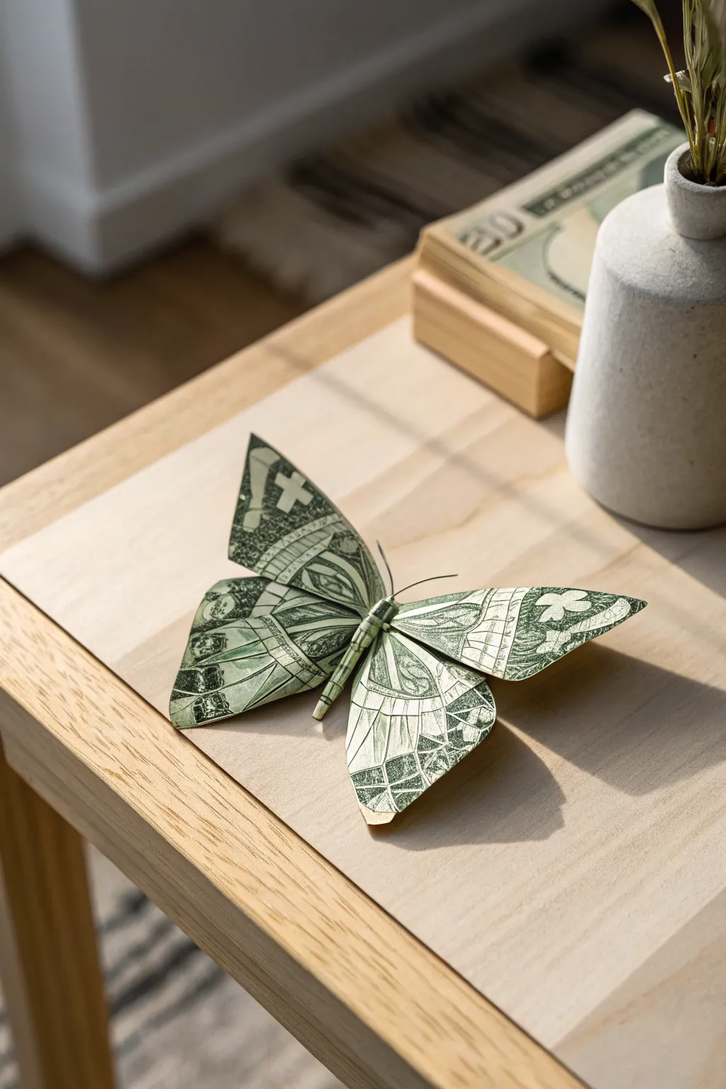 Transform your space with a touch of creativity: a dollar bill butterfly symbolizing change and elegance.