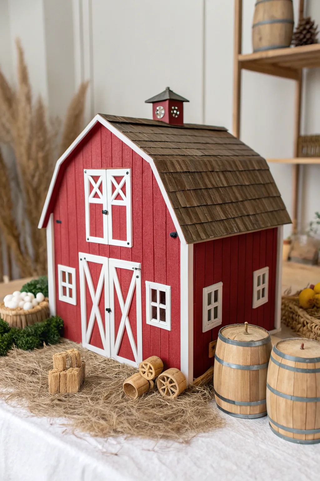 Embrace the charm of countryside living with this rustic red barn dollhouse exterior. Perfect for farmhouse style lovers!