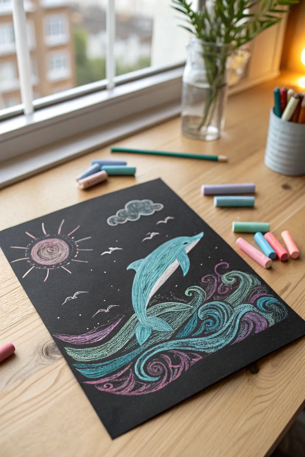 Dive into creativity with this enchanting dolphin chalk pastel art.
