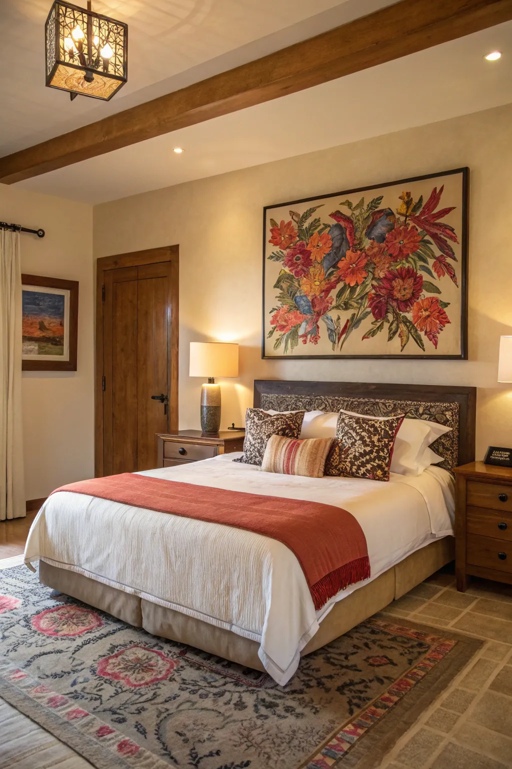 A bold piece of art above the bed adds personality and style to the bedroom.
