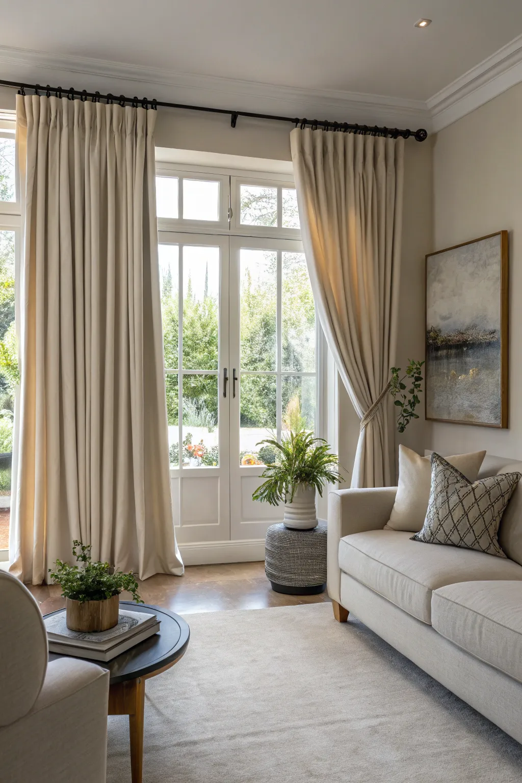 Elegant curtain rods complete the look.