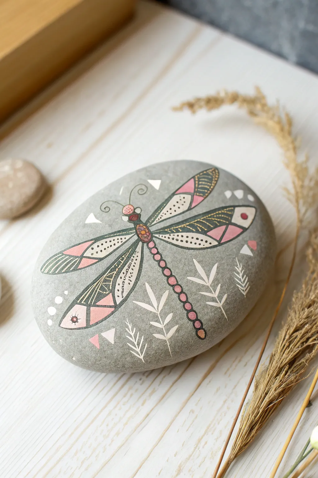 Elevate your decor with a touch of handcrafted elegance: geometric dragonfly painted rock artistry.