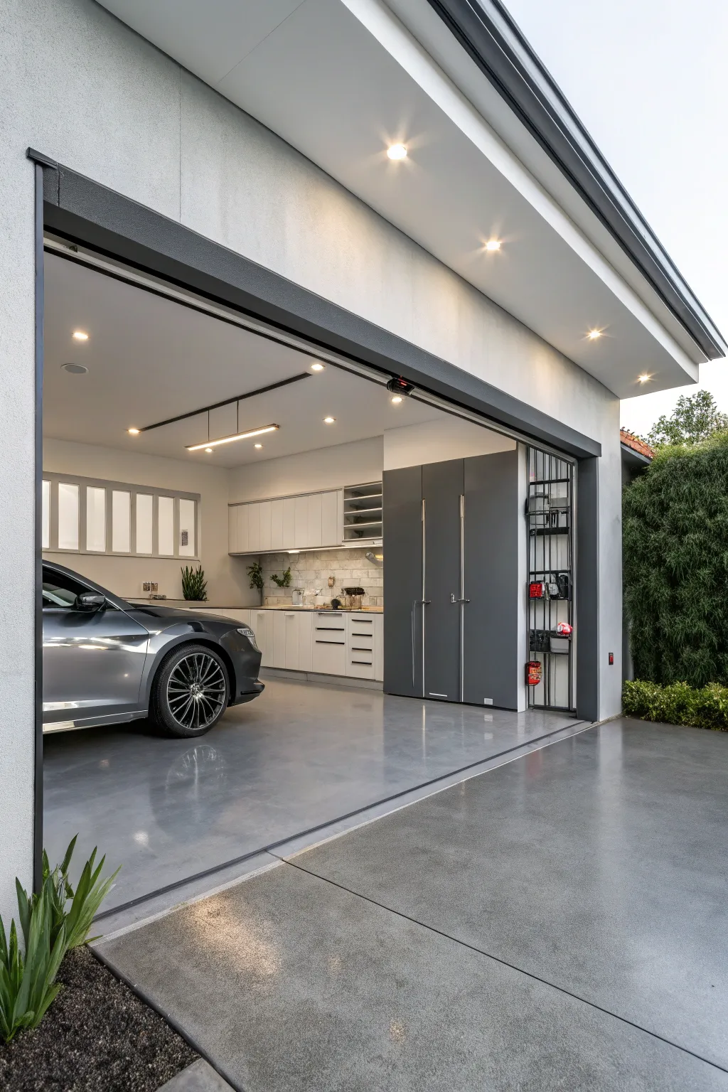 A modern garage with sleek design elements and a cohesive color palette.