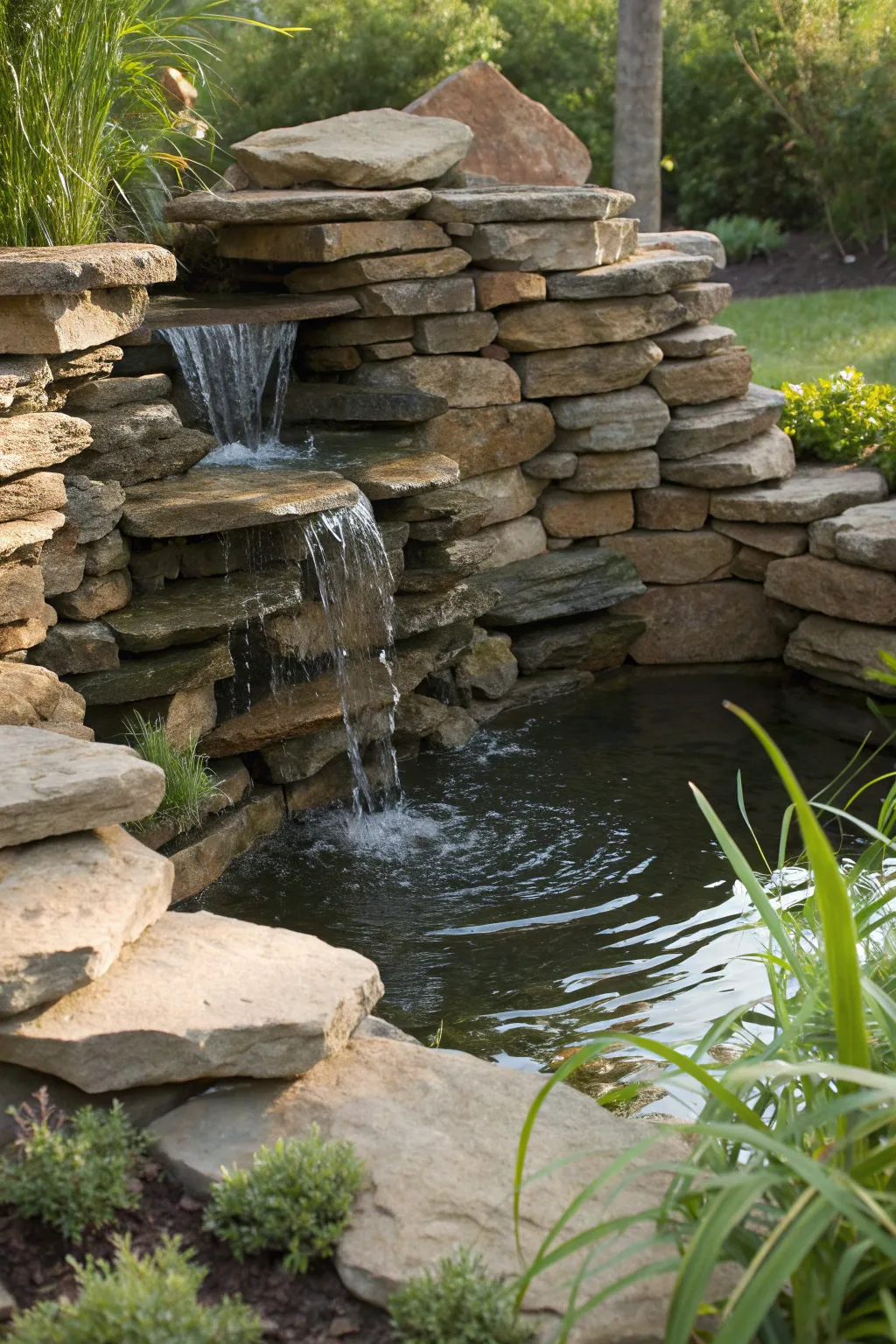 Transform your backyard into a peaceful retreat with a handcrafted natural rock retaining wall and calming water feature.