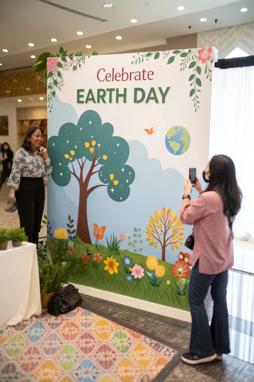 A themed photo backdrop encourages social media engagement.
