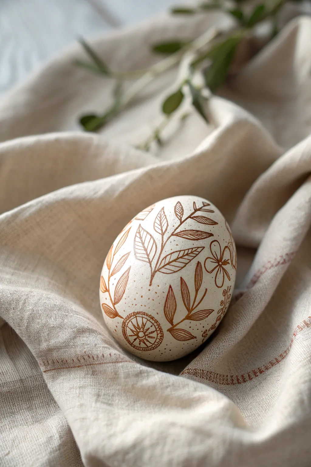 Nature's elegance: a minimalist Easter egg adorned with delicate leaf and vine motifs.