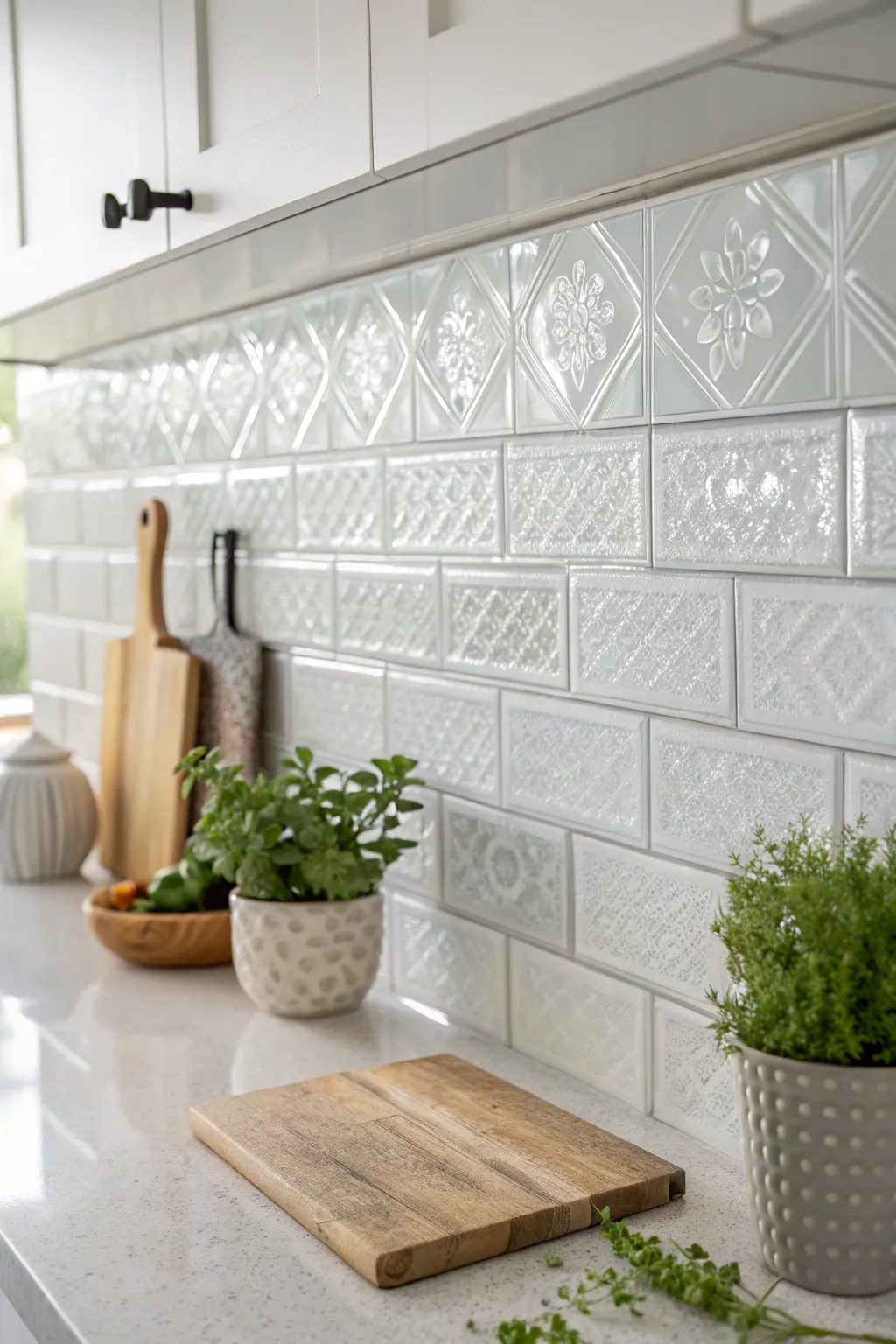 Transform your kitchen with sleek glass tiles for a luminous and airy feel. ✨ #MinimalistElegance #ScandiBoho
