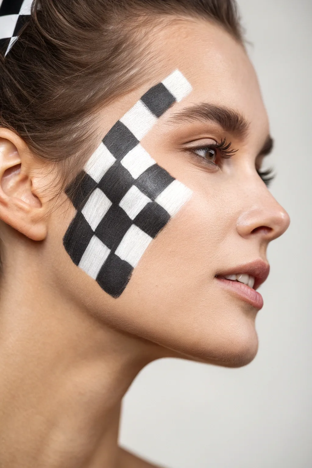 Elevate your look with a chic checkerboard face paint—where simplicity meets artistic flair.