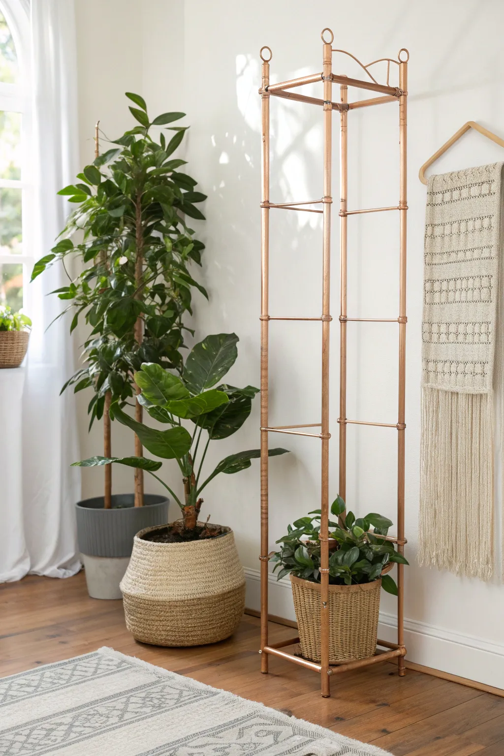 Elevate your indoor garden with a chic copper pipe trellis, blending modern simplicity and natural beauty.