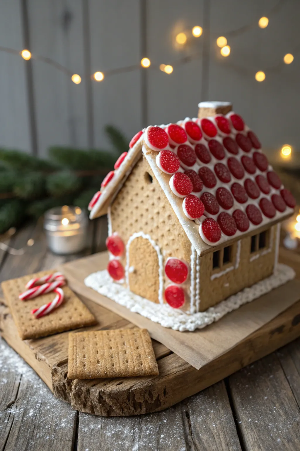 Elevate your gingerbread house with a charming candy chimney—simple elegance with a sweet twist.