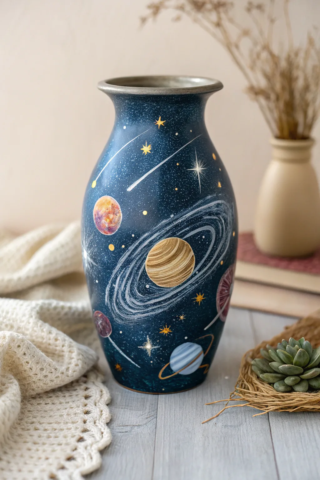 Explore the cosmos with this celestial-inspired painted vase, blending minimalist elegance with bohemian charm.